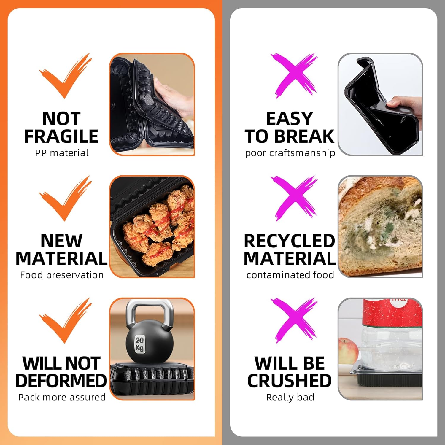 Clamshell Food Containers, 27 OZ Plastic To Go Containers 50-Pack 9 x 6 Inch BPA Free Reusable Microwave Freezer Safe Heavy-Duty MFPP Black Take Out Boxes