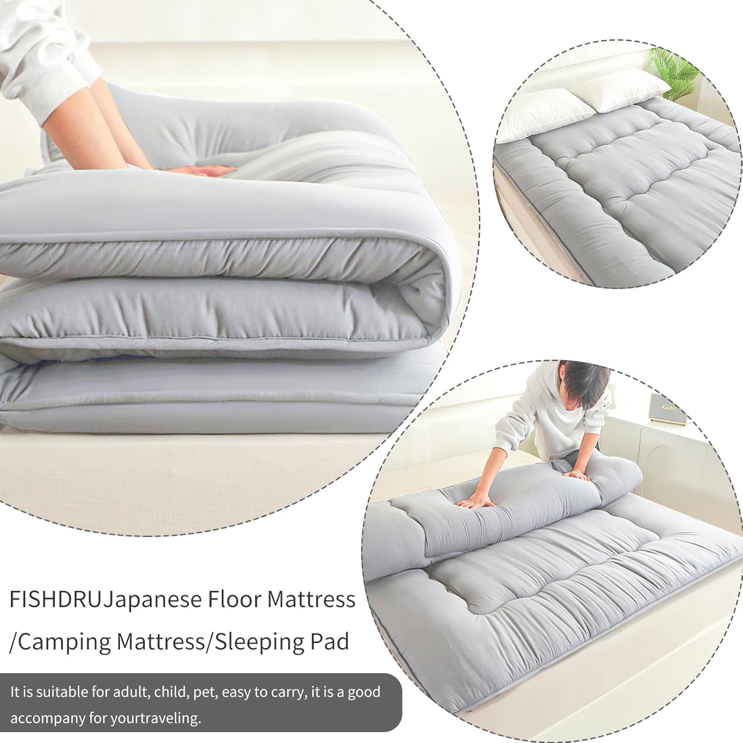 Futon Mattress, Japanese Floor Mattress,Japanese Floor Bed,Tatami Foldable Bed,Roll Up Sleeping Pad for Adults Guest Room Bedroom (Lgrey, Queen)