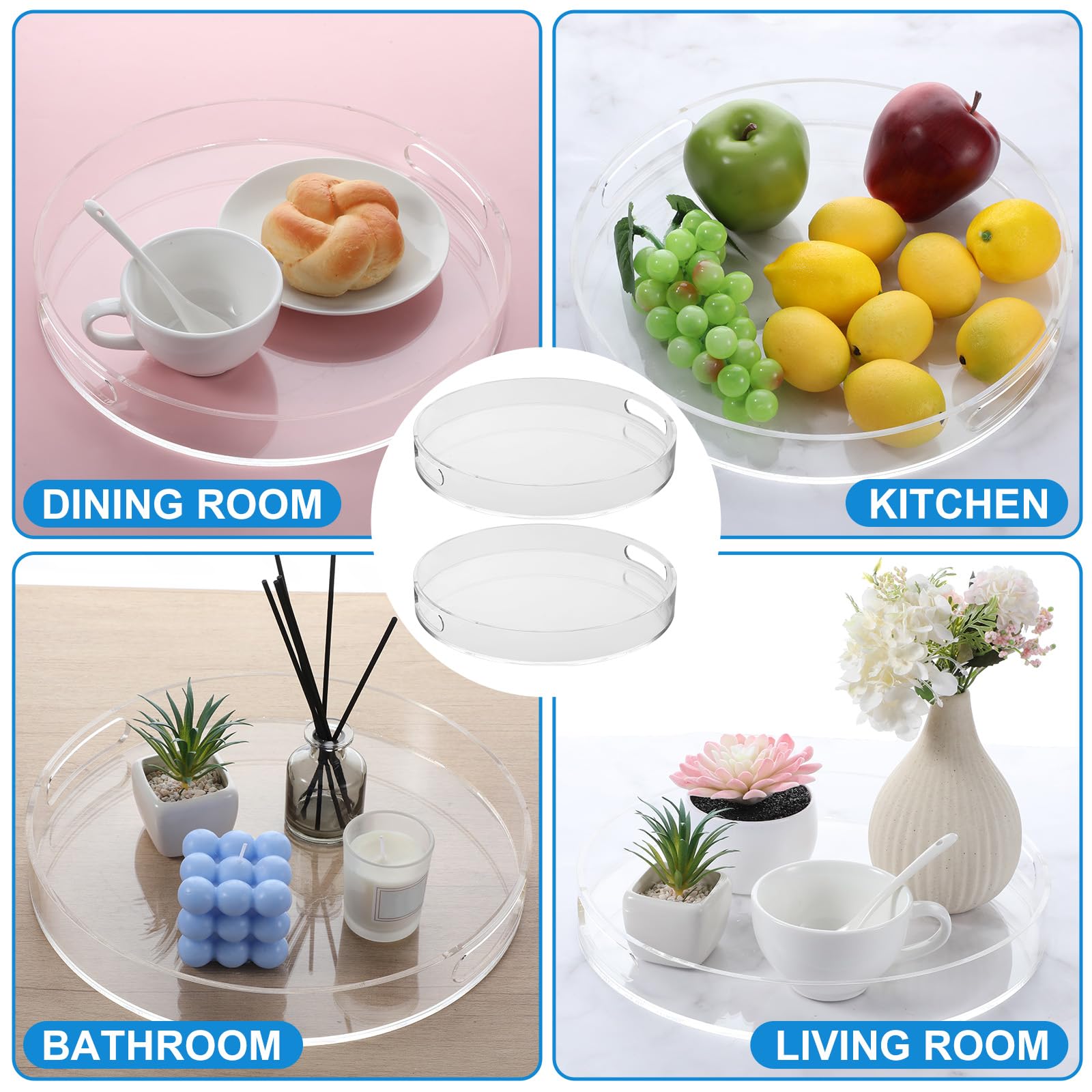 2 vassoi rotondi in acrilico con manici, resistenti, trasparenti, rotondi, decorativi, per cucina, bagno, tavolino, caffè, cibo, tè, snack (30 cm)