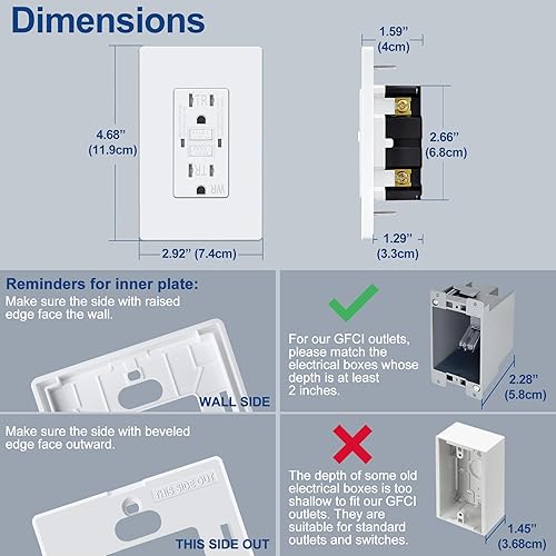 Vista 17 de ELECTECK Paquete de 5 salidas GFCI de 15 amperios, resistentes a manipulaciones (TR), receptáculos GFI de autoprueba con indicador LED, interruptor