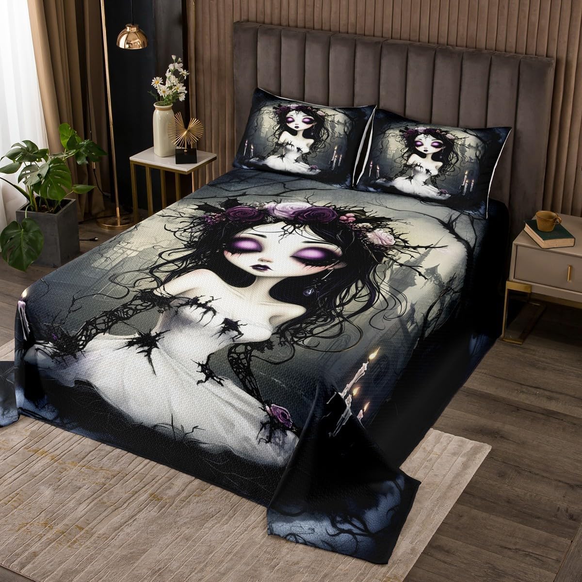 Skeleton Bride Bedding Set Queen Size,Gothic Sugar Skull Bedspread 3Pcs,Horror Style Castle Comforter Set for Kids Girls Boys Teens Room Decor,Halloween Theme Quilt Coverlet,2 Pillowcases