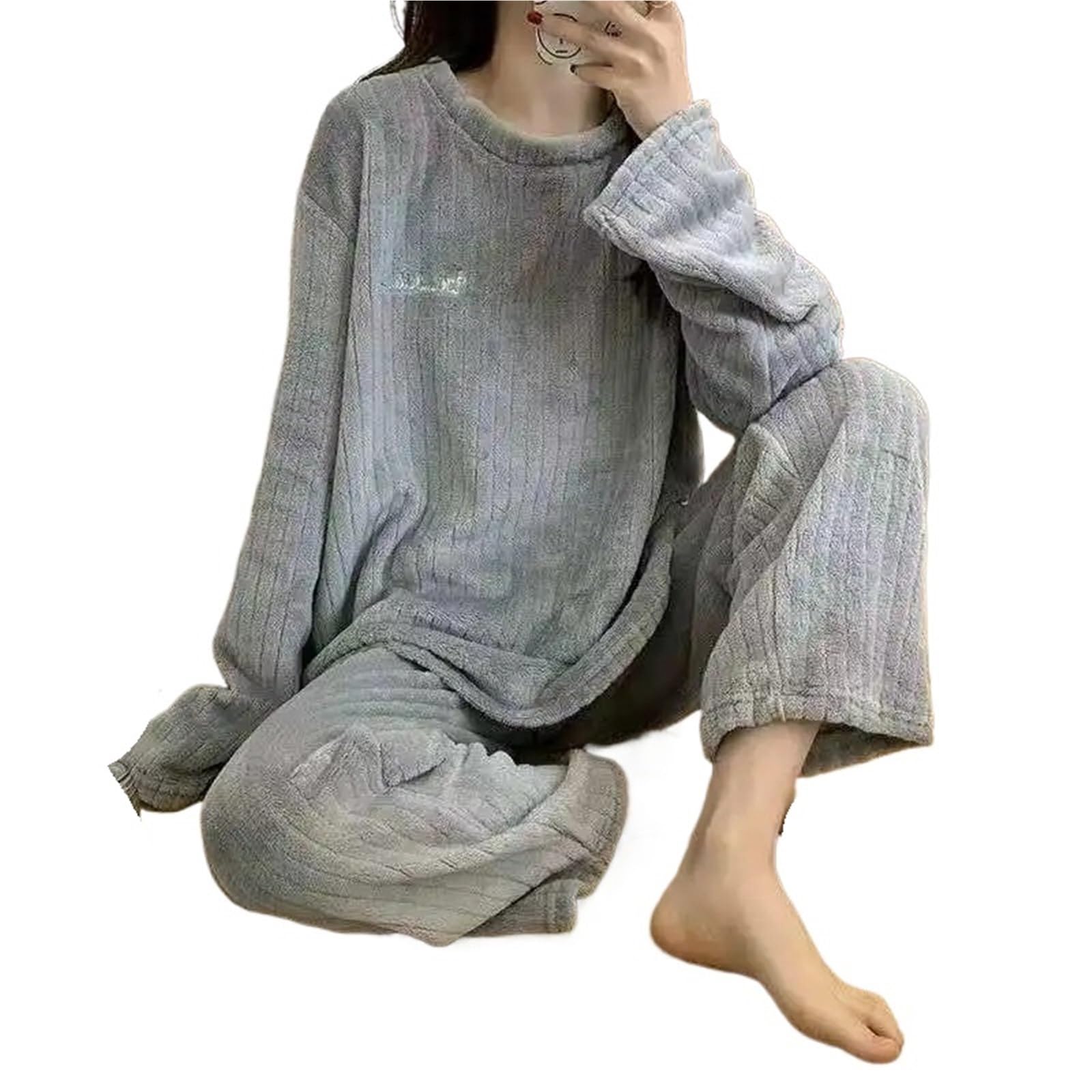 Winter Women’s Pajamas Homewear Set, Coral Velvet Leisure Pajamas, Padded Warm Fall & Winter Sleepwear(Grey)