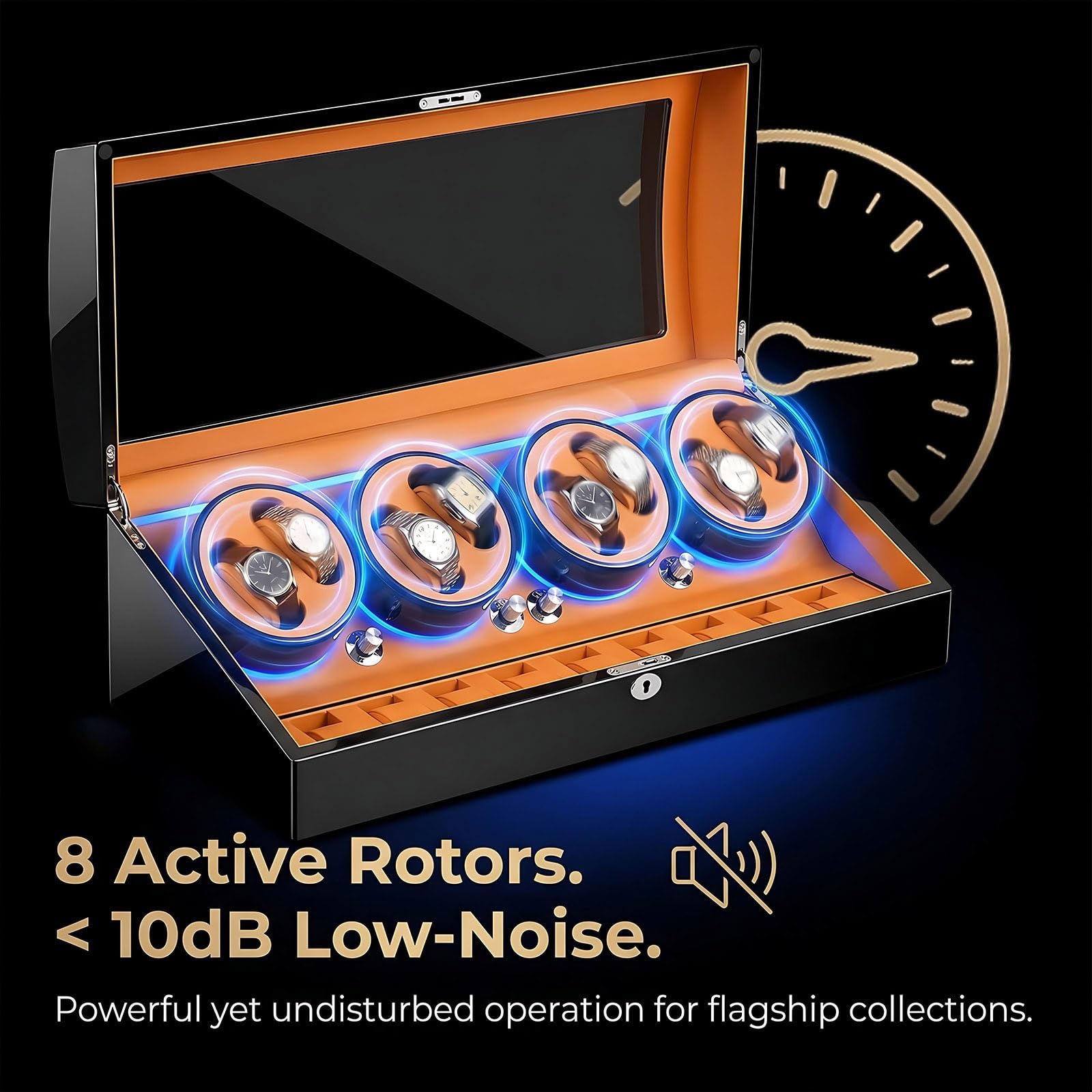 Carica Orologi Automatici 8+9, 17 Scomparti con Chiusura, Motore 10dB Silenzioso, Scatola del Tempo Anti-Magnetica, LED Blu, Sensore Auto-Stop, Legno Nero Laccato