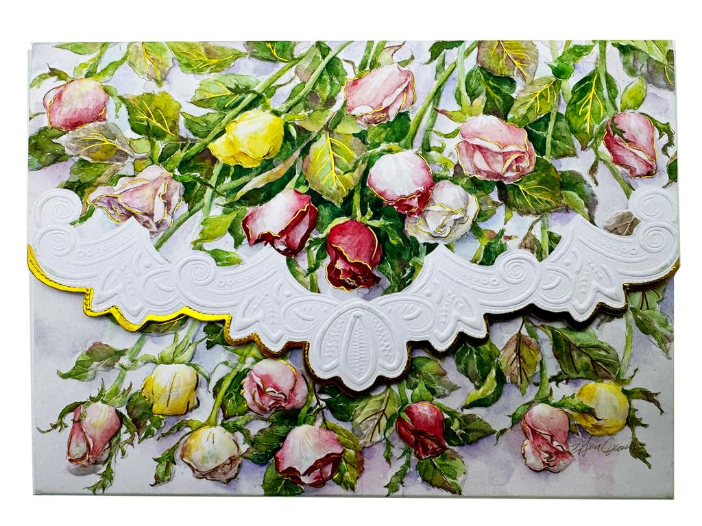 Poster Foundry Set of 3 - Long Stem Roses Boxed Note Cards by Carol Wilson. 10 embossed 4x5 Die-Cut Notecards and Matching Envelopes in Decorative Gift Box with Magnetic Flap. NCP2053