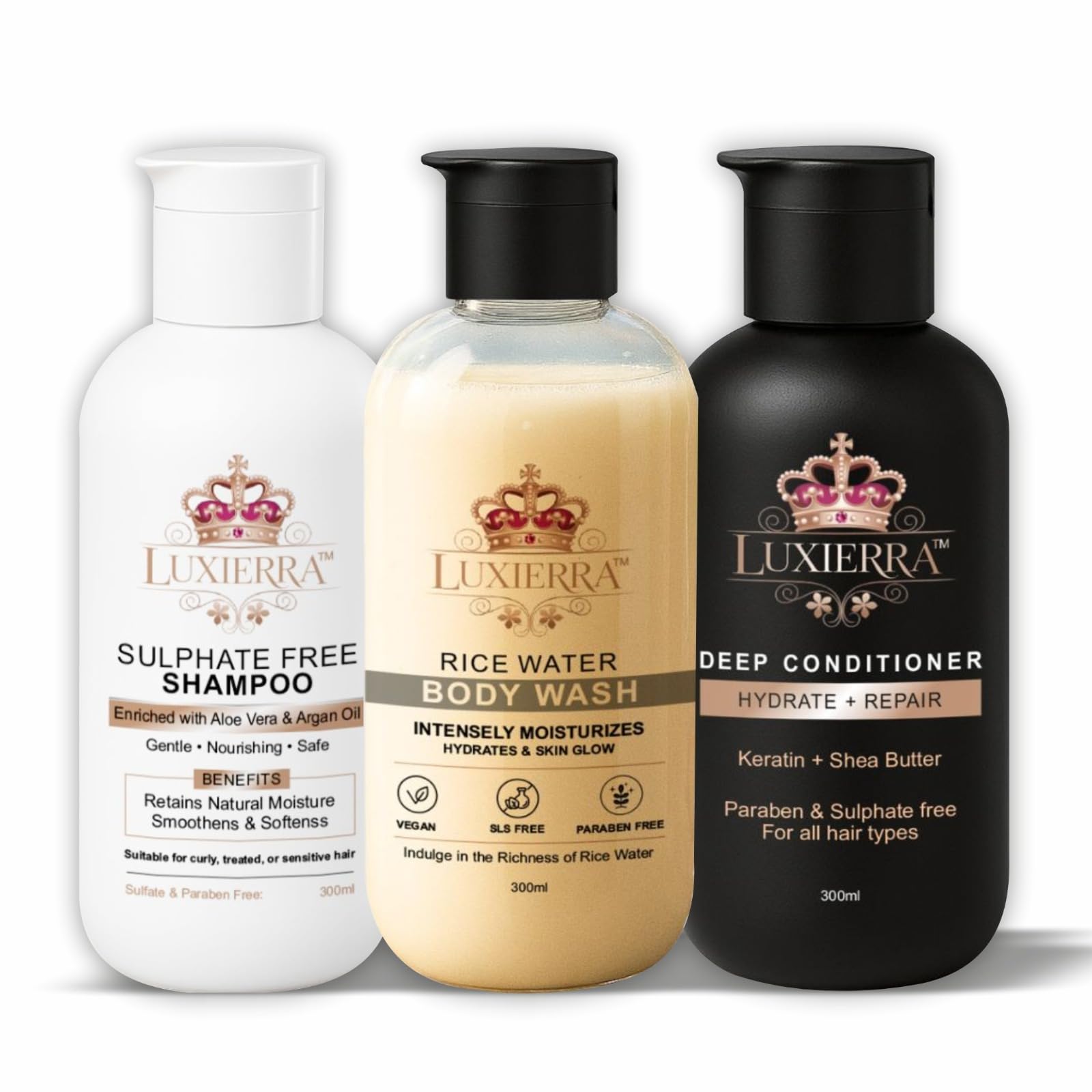 Luxierra Hair & Body Care Set, Sulphate-Free Shampoo, Deep Conditioner, Rice Water Body Wash, 300ml Each-picture-19