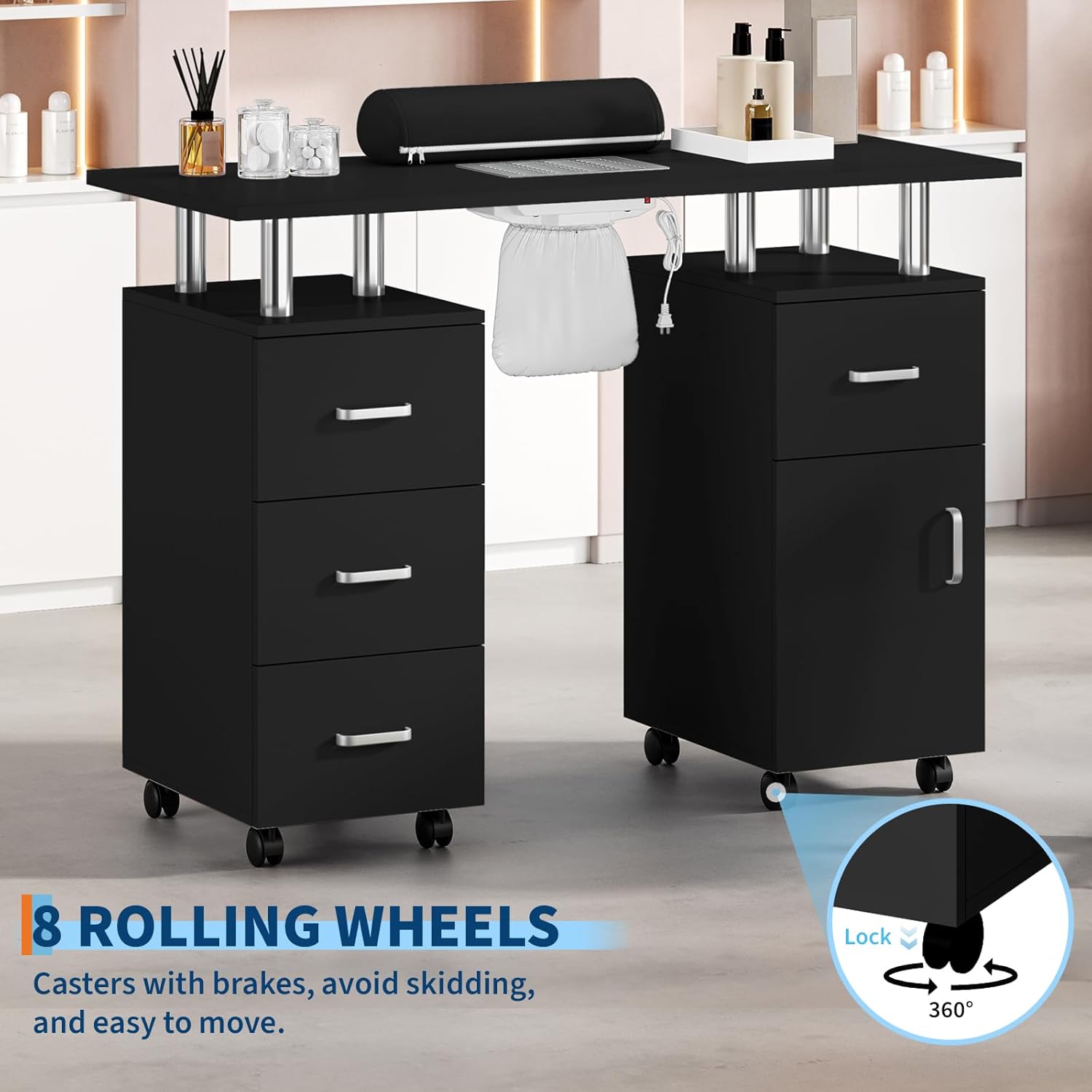 Professional Manicure Table with Electric Dust Collector | Nail Tech Desk Station with Lockable Wheels & 4 Drawers | Acetone Resistant Nail Table for Beauty Salon & Home Use