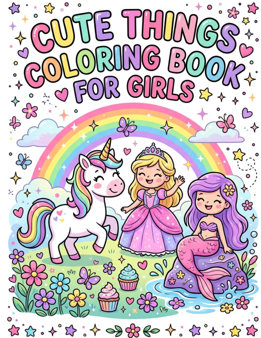 Cute Things Coloring Book for Girls: Fun and Easy Coloring Pages with Unicorns, Princesses, Mermaids, Animals, Flowers, and Sweet Treats