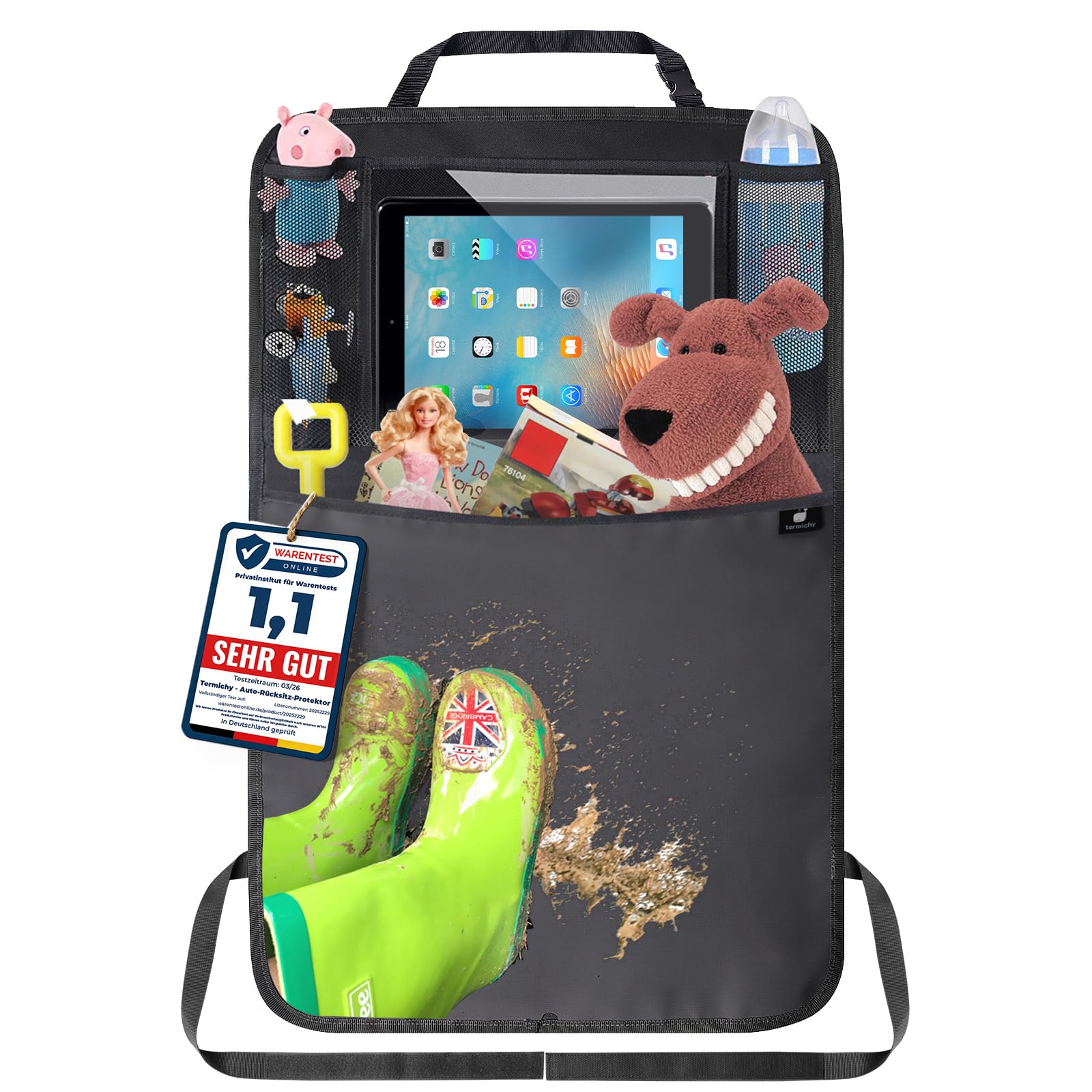 Termichy Rückenlehnenschutz Auto kinder,Auto Organizer,Organizer Auto Rücksitz kinder, Wasserdichtes Plane Kick-Matten-Schutz für Autositz zurück mit große Aufbewahrungstasche (1 Stück,Schwarz)