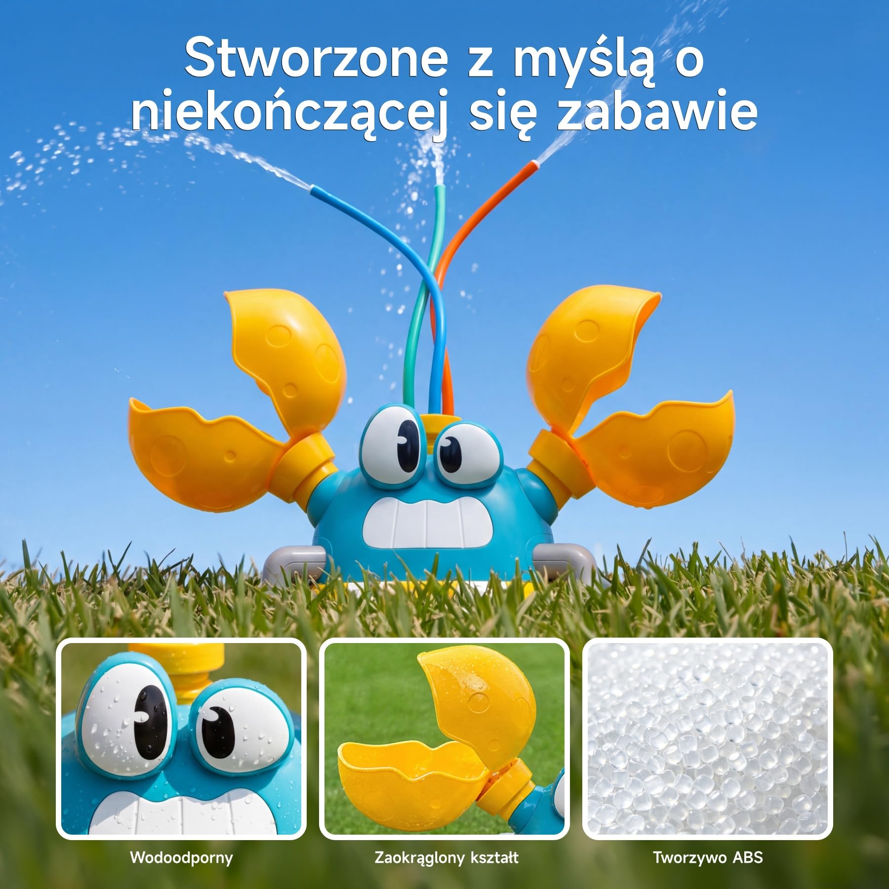 Zraszacz dla Dzieci Krab 3 Tryby + Rzucanie Woreczkami | Trzy tryby wody, ruchome szczypce do rzucania woreczkami, aktywna zabawa i koordynacja