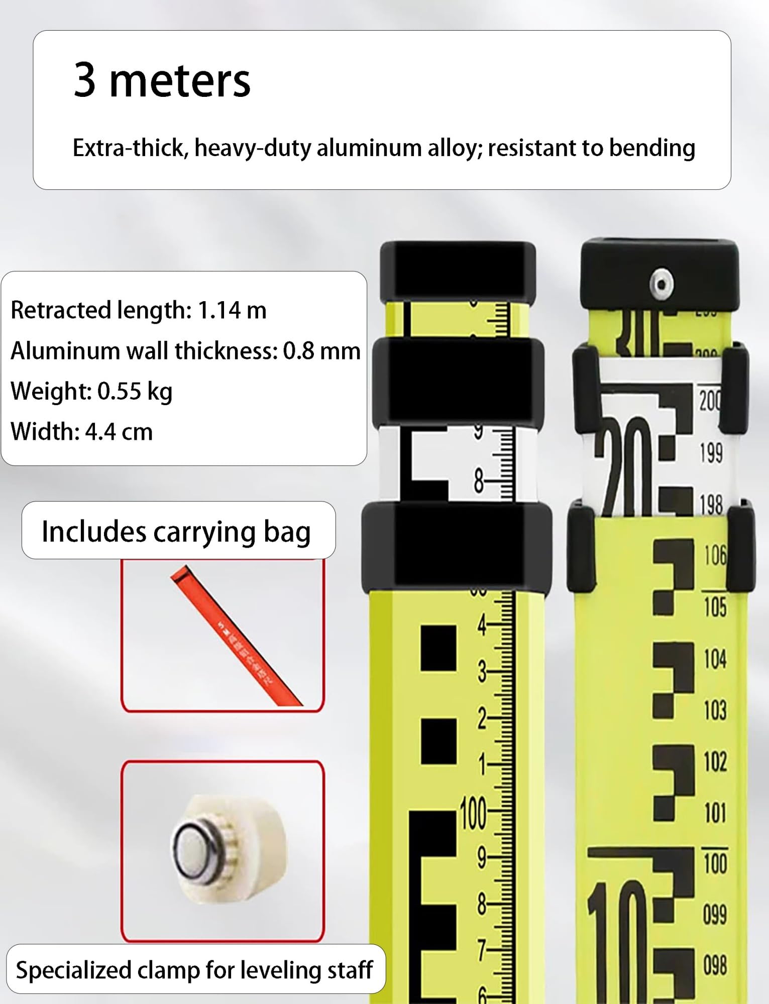 Vara de medición telescópica de Aluminio (7 m, Escala de 1 mm) con Bolsa de Transporte para topografía y construcción.