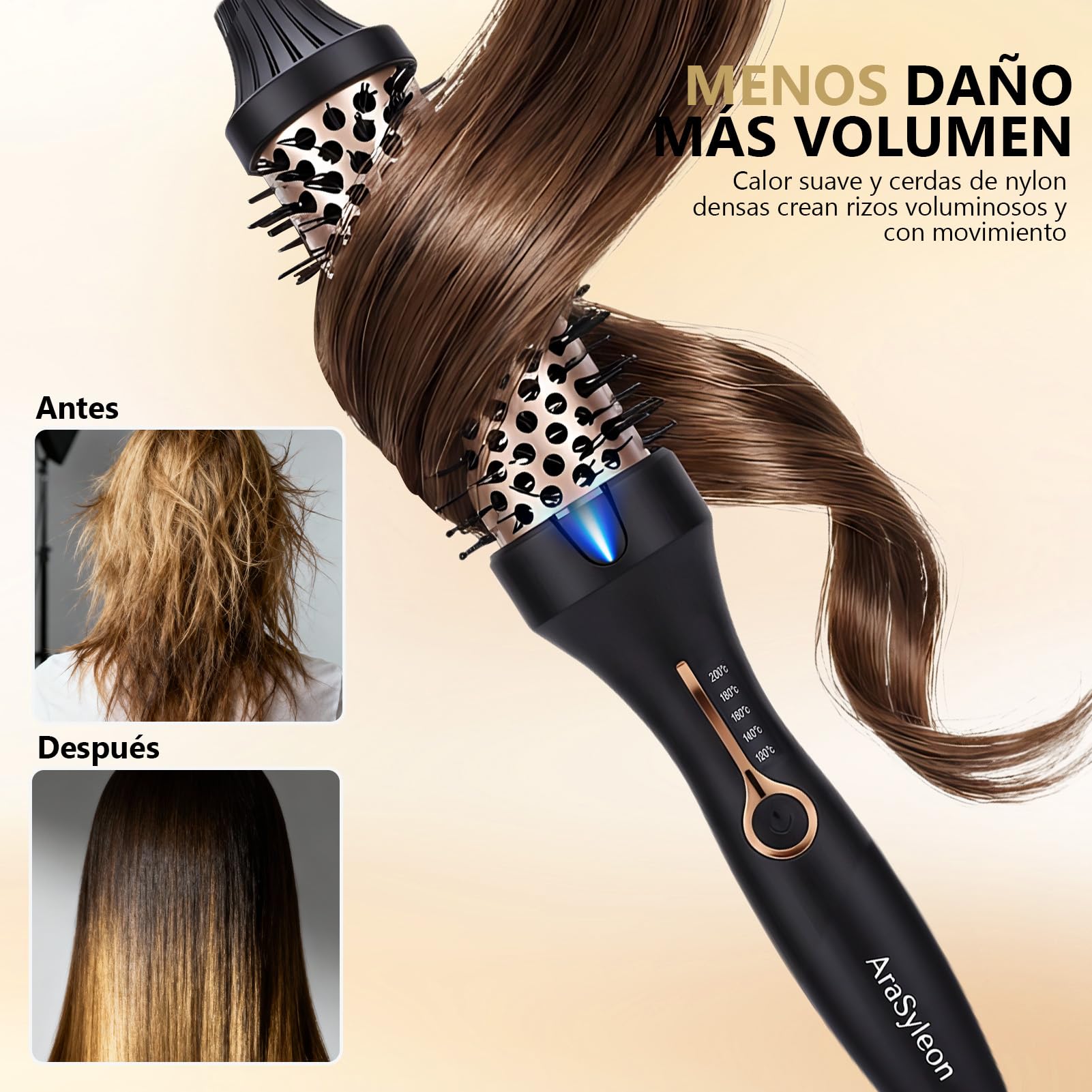 AraSylen Cepillo Térmico con Tecnología de Iones | Cepillo Eléctrico para el Pelo | 38mm, 5 Niveles de Temperatura (120-200°C) | Cerámica-Turmalina, Calentamiento en 30s | Cepillo Redondo Eléctrico