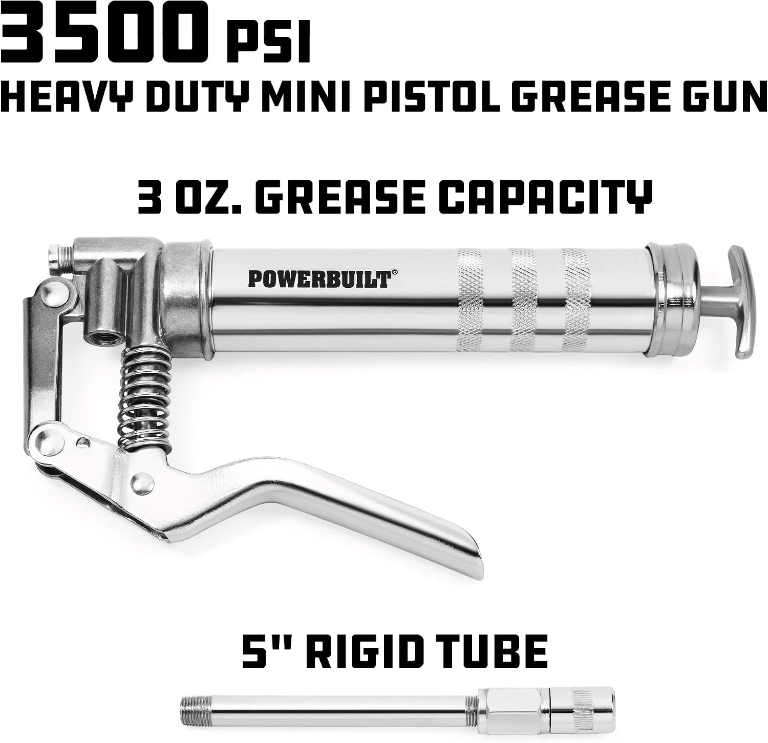 Powerbuilt Mini Pistol Grip Grease Gun with 6 Inch Extension Pipe Attaches at 0 or 90 Degrees, Push Button Air Bleeder Valve; Uses Standard 3 Ounce Cartridges - 648755