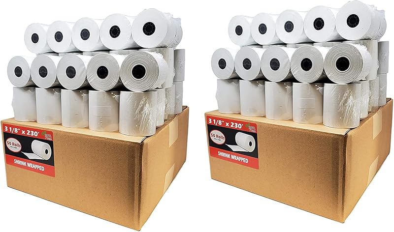 BuyRegisterRolls (100 Rolls - 2 Cases) 3 1/8 x 230 (53 GSM Paper Thickness) BPA Free Premium A Grade POS Thermal Receipt Printer Paper