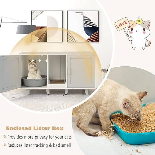 Miniatura 6 de Tangkula Caja de arena doble para gatos para 2 gatos, gran armario apilable oculto para baño de gatos con tabla de rascar, mesa auxiliar para casa