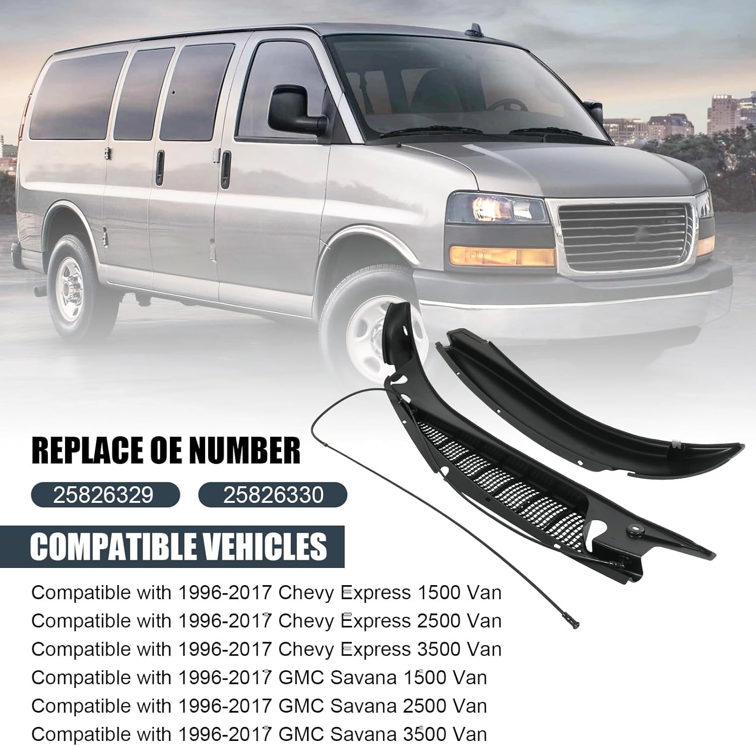 JDMSPEED Windshield Wiper Cowl Panel Grille Compatible with 1996-2017 Chevy Express GMC Savana 1500 2500 3500 Left & Right Side Front Window Cover Insert Panel Replace#25826330 25826329
