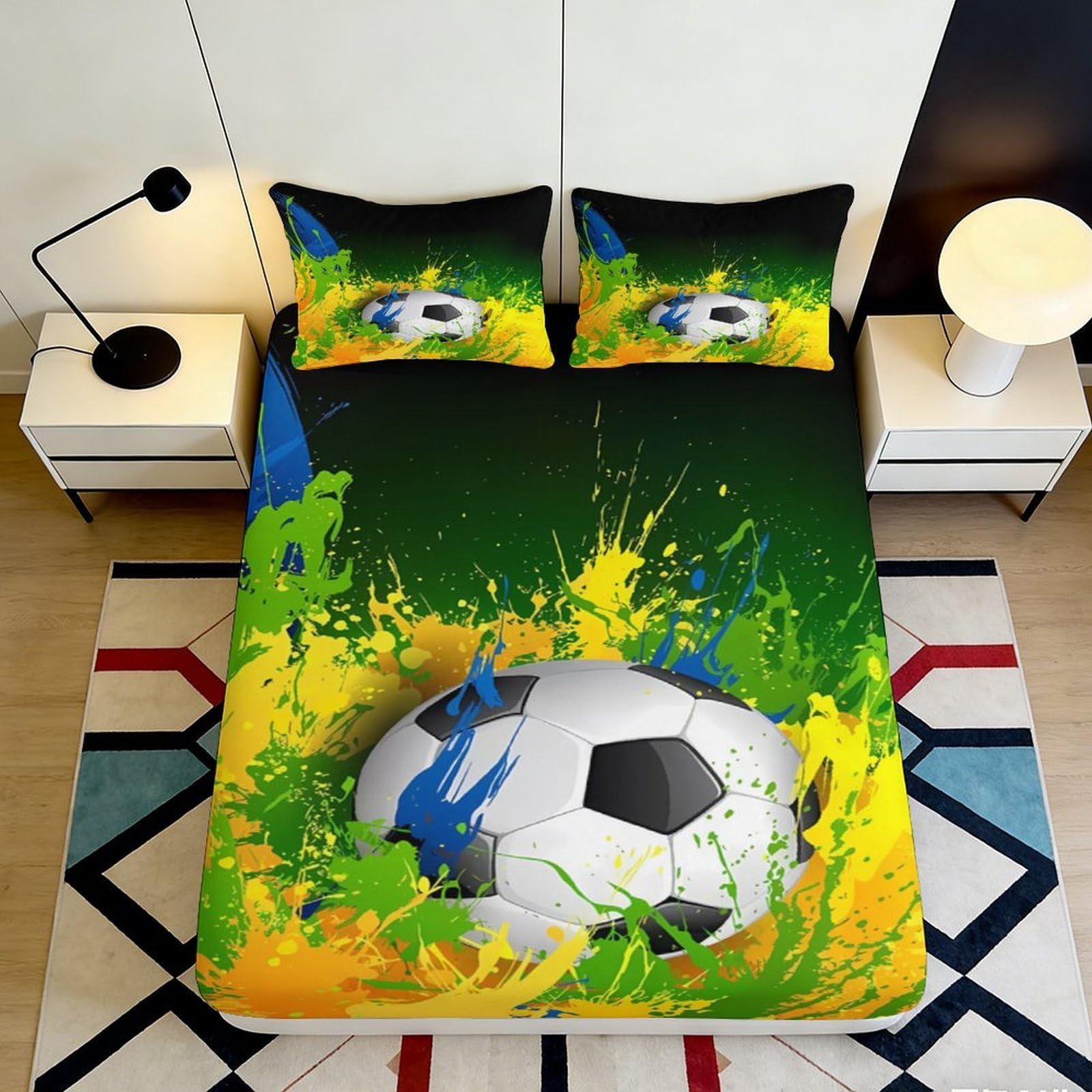 3D Printed Soccer Splash Fitted Sheet Microfiber Vibrant Football Bed Cover for Bedroom Dorm Decor Easy Care 90x200x25cm