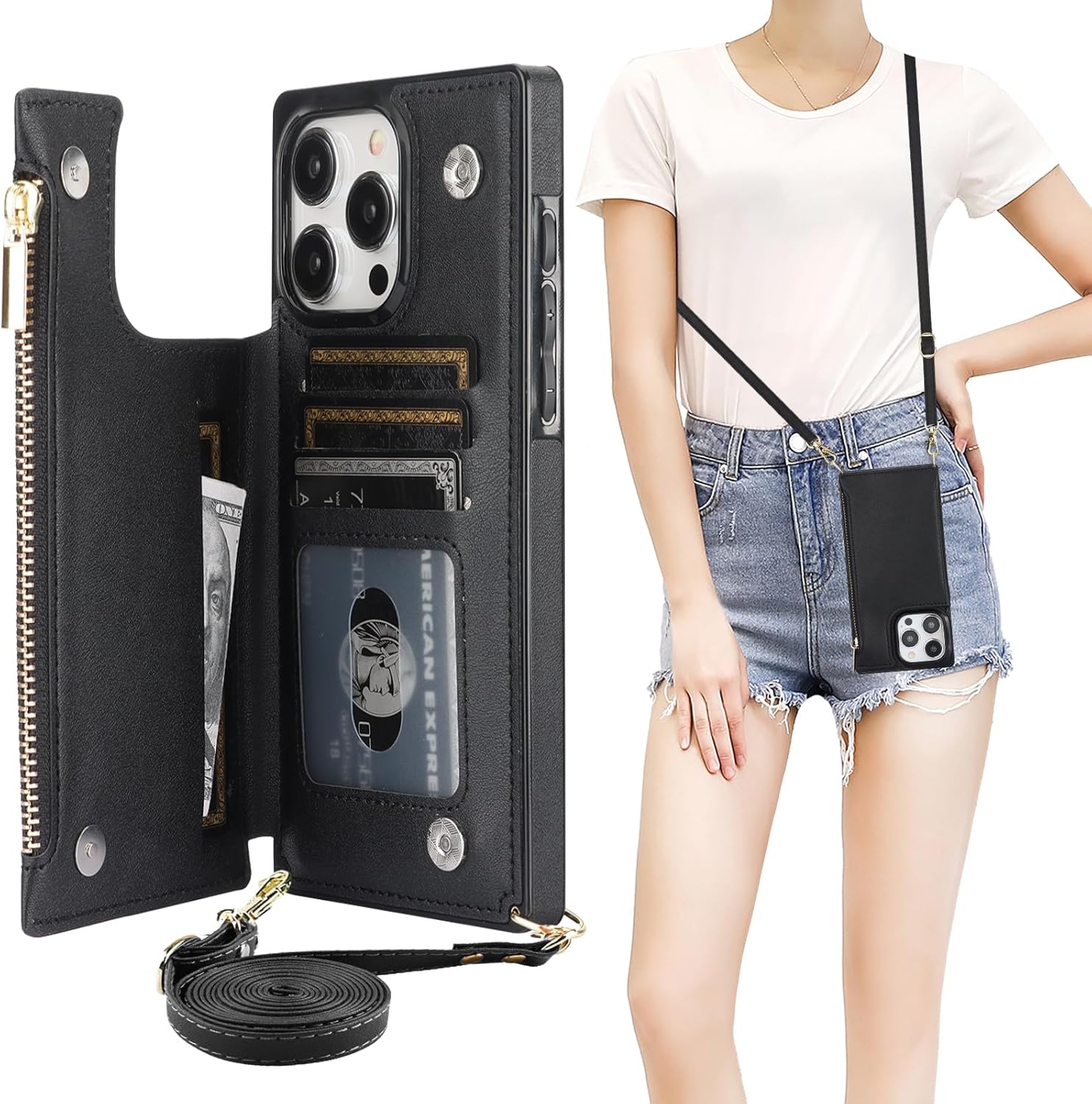 Bocasal Crossbody Wallet Case for iPhone 15 Pro Max with RFID Blocking Card Slot Holder, Magnetic Flip Folio Purse Case, PU Leather Zipper Handbag with Detachable Lanyard Strap 6.7 Inch 5G (Black)