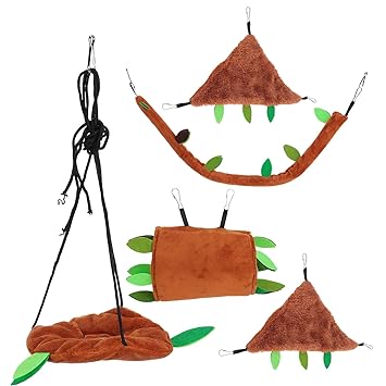 Leaf Hanging Hammock, Triangle Hammock Adjust Height Pet Hanging Bed Stump Tunnel for Hamster(Brown Five-Piece Suit)