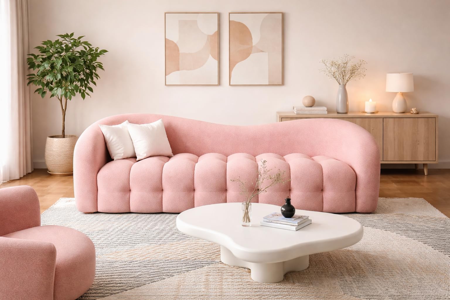 Modern Curved Boucle Sofa | Luxury 3 Seater Tufted Upholstered Couch | Stylish Designer Lounge Sofa for Living Room & Bedroom (Light Pink)-image-46