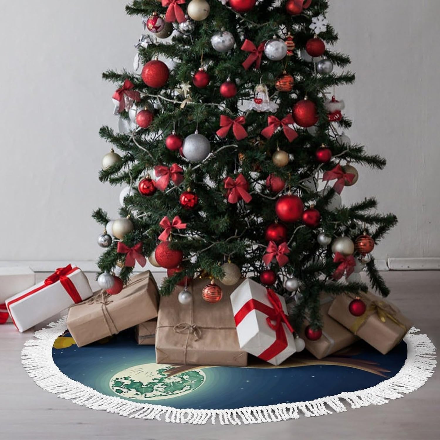 Christmas Tree Skirt Cute Xmas Trees Mat Skirts Personalization Christmas Round Tree Skirts for Holiday Party Decorative Supplies Owl and Yellow Moon