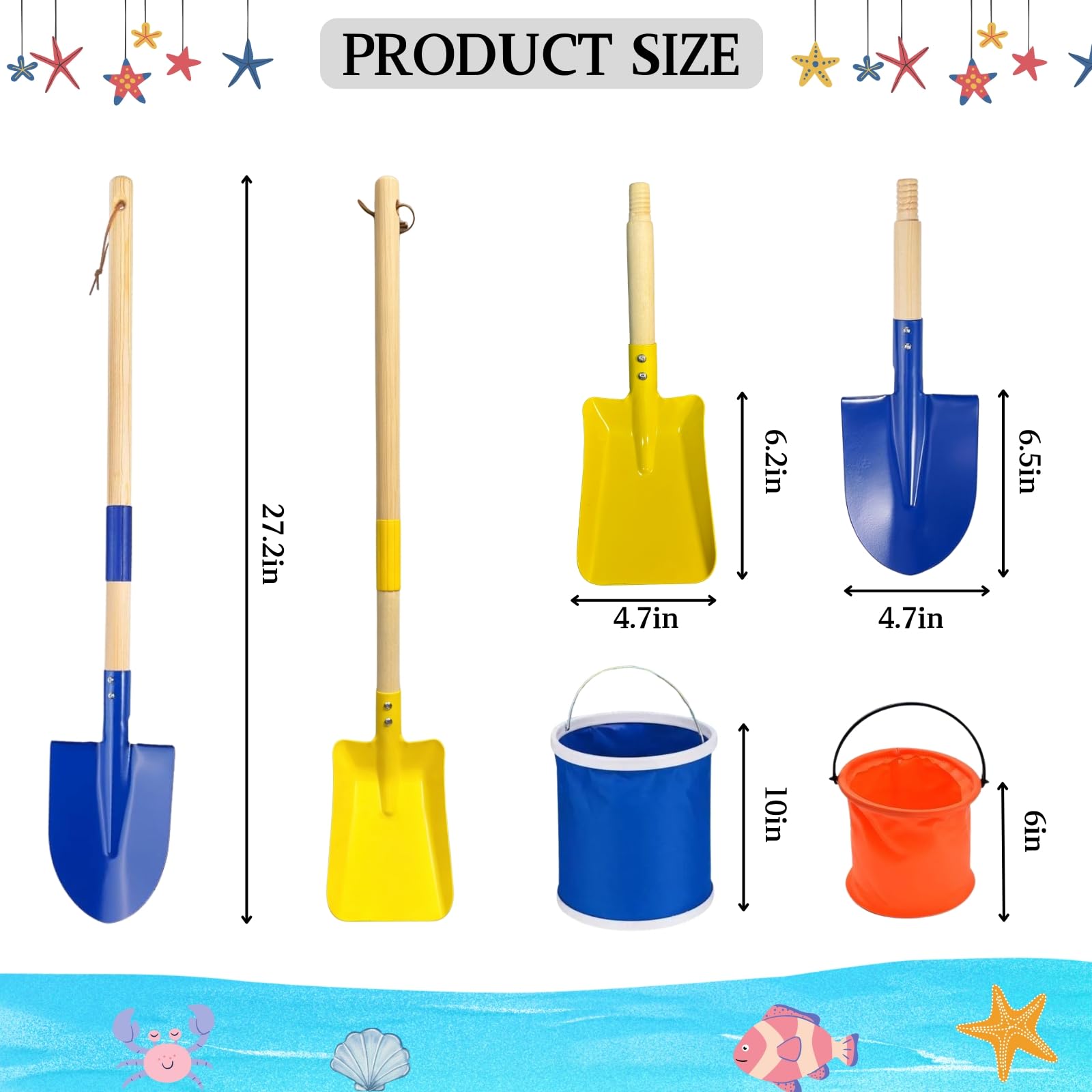 Set di 6 pala da spiaggia staccabili, con manico in legno da 71 cm, con 2 secchi d'acqua e sacchetti per riporre oggetti per bambini, per scavare sabbia e neve, attrezzi da giardinaggio (blu e giallo