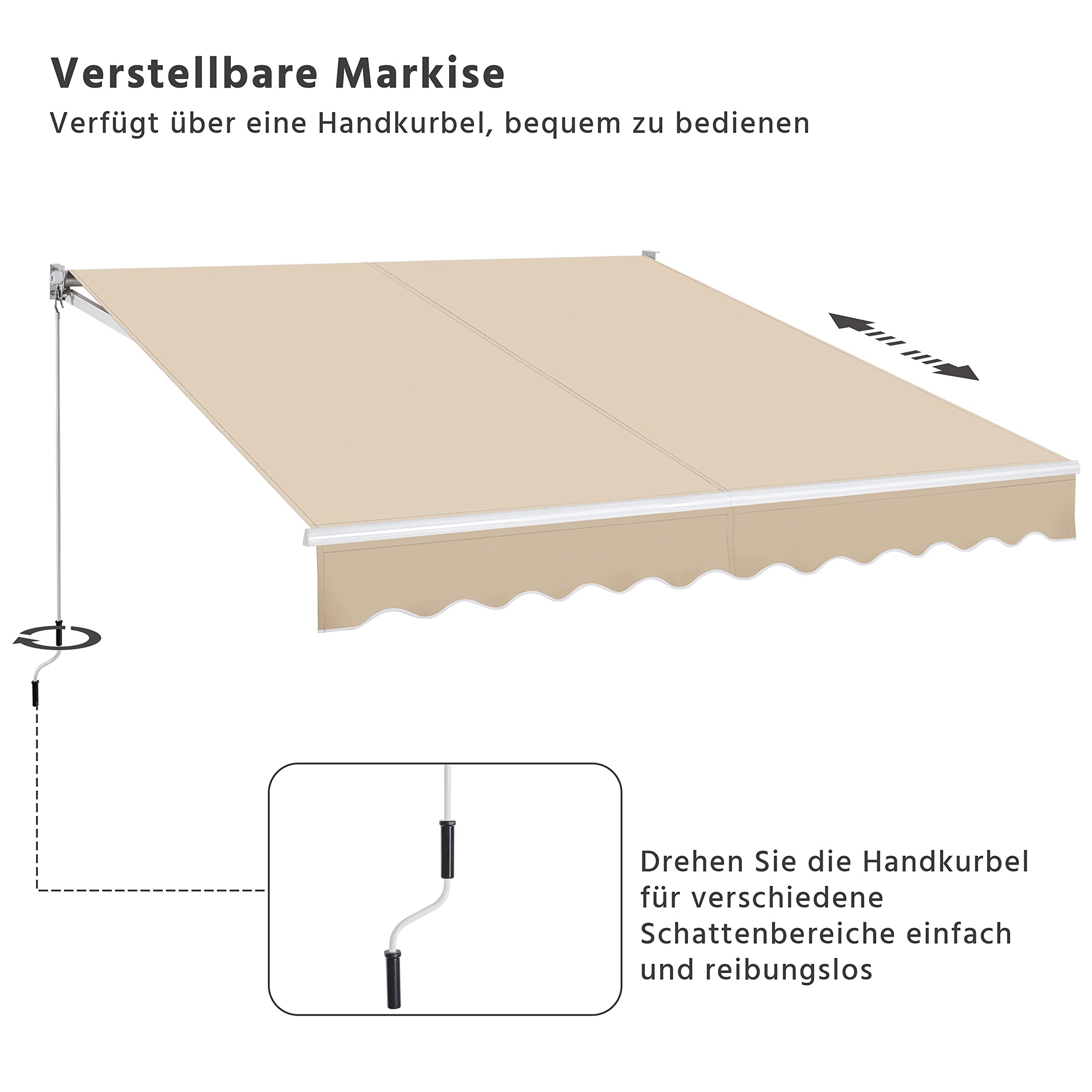 Yaheetech Ręczna markiza z przegubem - markiza zaciskowa z korbą ręczną, markiza przegubowa, wodoszczelna, markiza przeciwsłoneczna, regulacja długości (5-35°), ochrona przed słońcem na taras, balkon, 300 x 250 cm