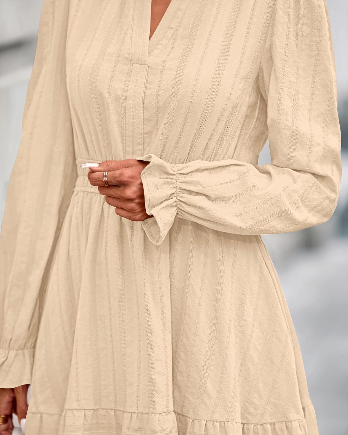 BTFBM Mini Dresses for Women 2026 Casual Lightweight Long Sleeve V Neck A Line Elastic Waist Party Holiday Dress - Image 6