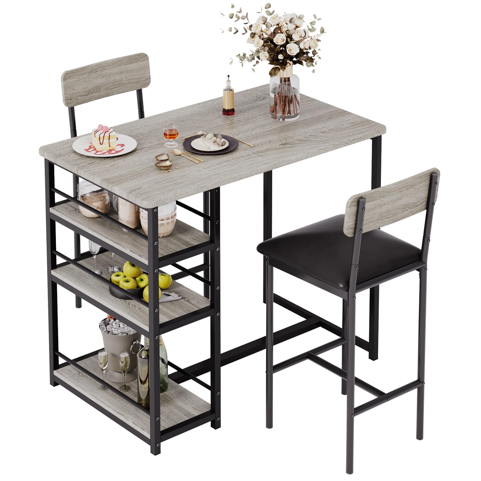 Garvee Set Tavolo da Pranzo con 2 Sedie Alte Imbottite, Grigio