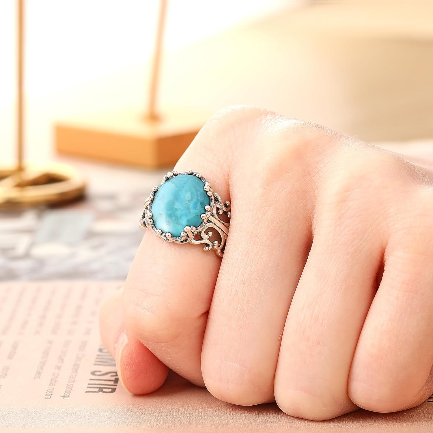Turquoise Rings for Women 925 Sterling Silver Adjustable Ring Vintage Filigree Engagement Ring With Oval Turquoise Promise Rings for Her Birthday Jewellery Gifts Size 6-9 - Image 5