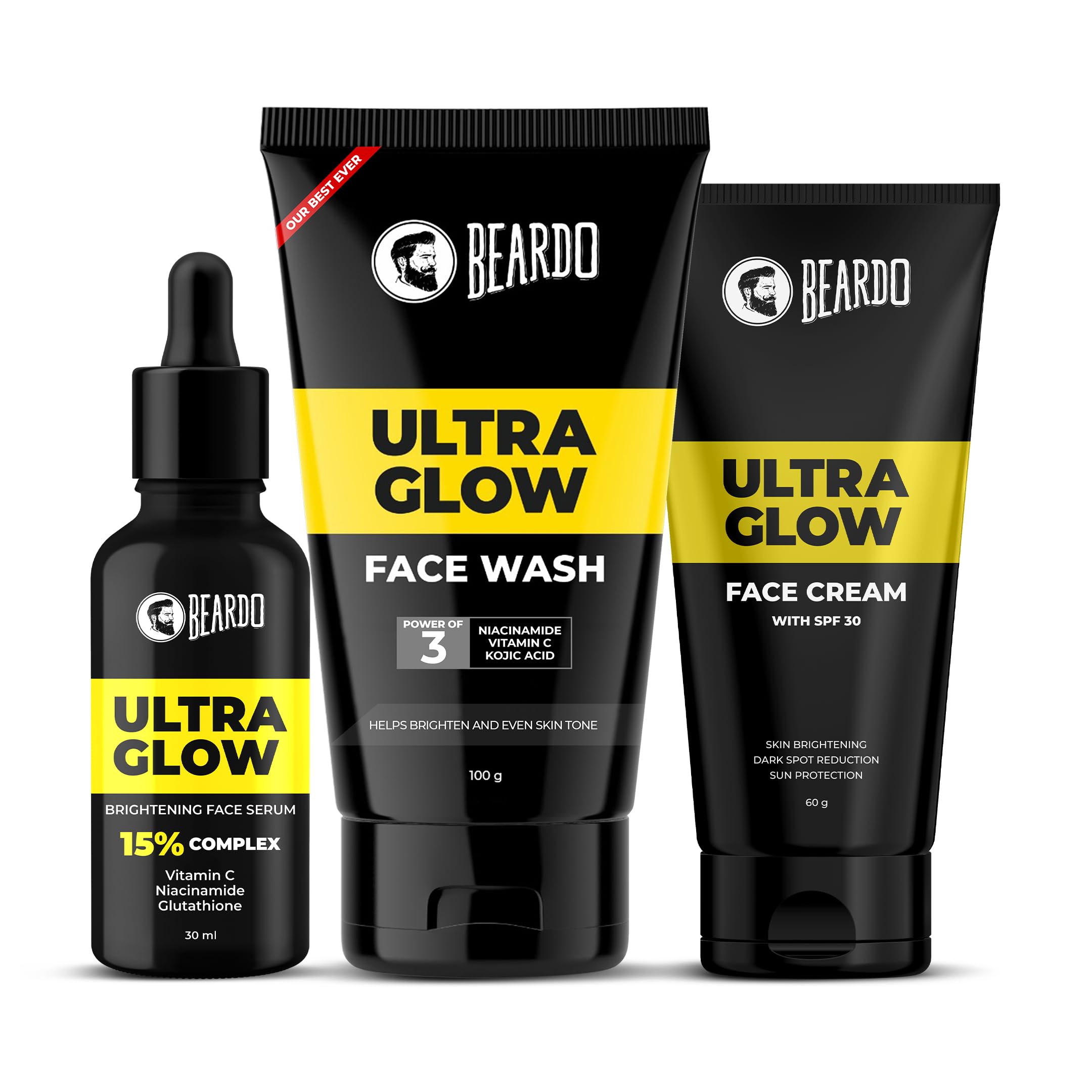 Beardo Looksmaxxing Glow Kit for Men |Ultra GLow Face Wash, Serum & Face Cream| Kojic Acid, Vitamin C, Glutathione, Hyaluronic Acid & Niacinamide | Kit for Glow Up in Men