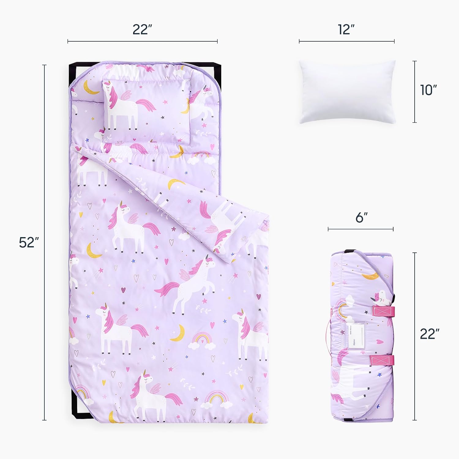 Wake In Cloud - Cot Nap Mat with Pillow and Blanket, for Toddler Kids Girls Ages 3 Plus in Daycare Kindergarten Preschool with Elastic Corner Straps, Colorful Unicorns Rainbow