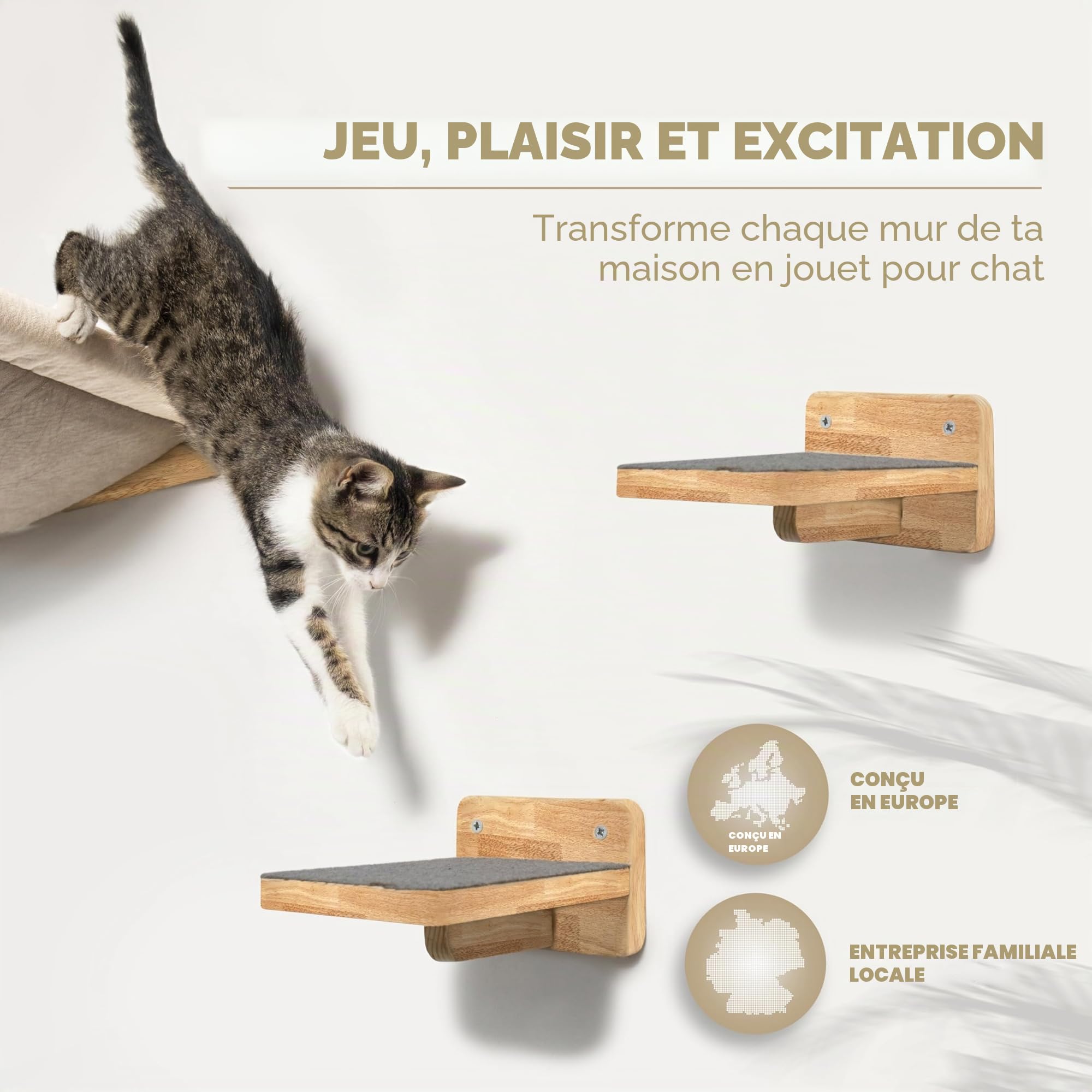 WOOWOOD® Mur d'escalade pour chats avec 2 escaliers muraux en bois massif - Hamac pour chat - Arbre à chat - Meubles pour chats