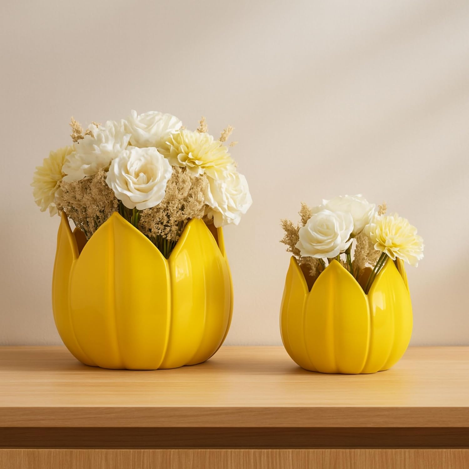 Flower Pots for Home Decor – Ceramic Petal Shaped Planters for Indoor and Outdoor Plants – Decorative Plant Pots That Work with Any Plant Perfect for Garden or Patio Decor; Set of 2 – 10", 8" Yellow