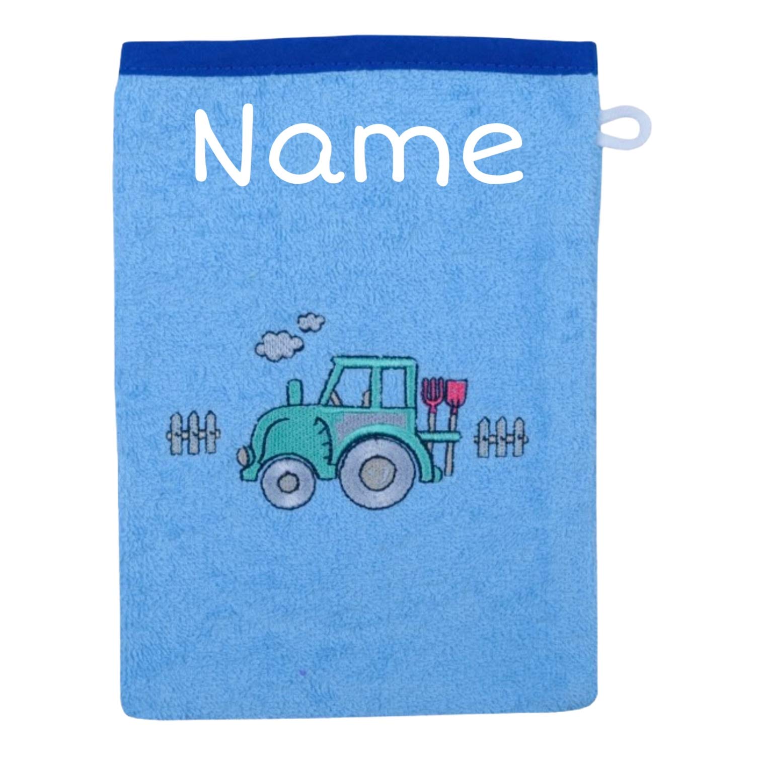 Baby Kapuzenhandtuch Set mit Waschlappen | Baby Handtuch 80 x 80 cm Kapuzenbadetuch | personalisiert mit Name | Baby Badetuch Bestickt mit Namen | Jungen Mädchen (Blauer Traktor)