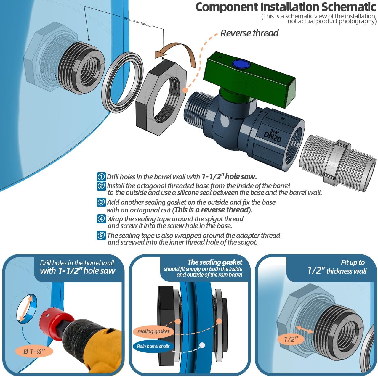 Rain Barrel Diverter & Spigot Kit for 2x3" Downspout - Gutter Diverter Connector System Fits Rectangular Downspouts, Converts Plastics Barrel into Rainwater Barrel