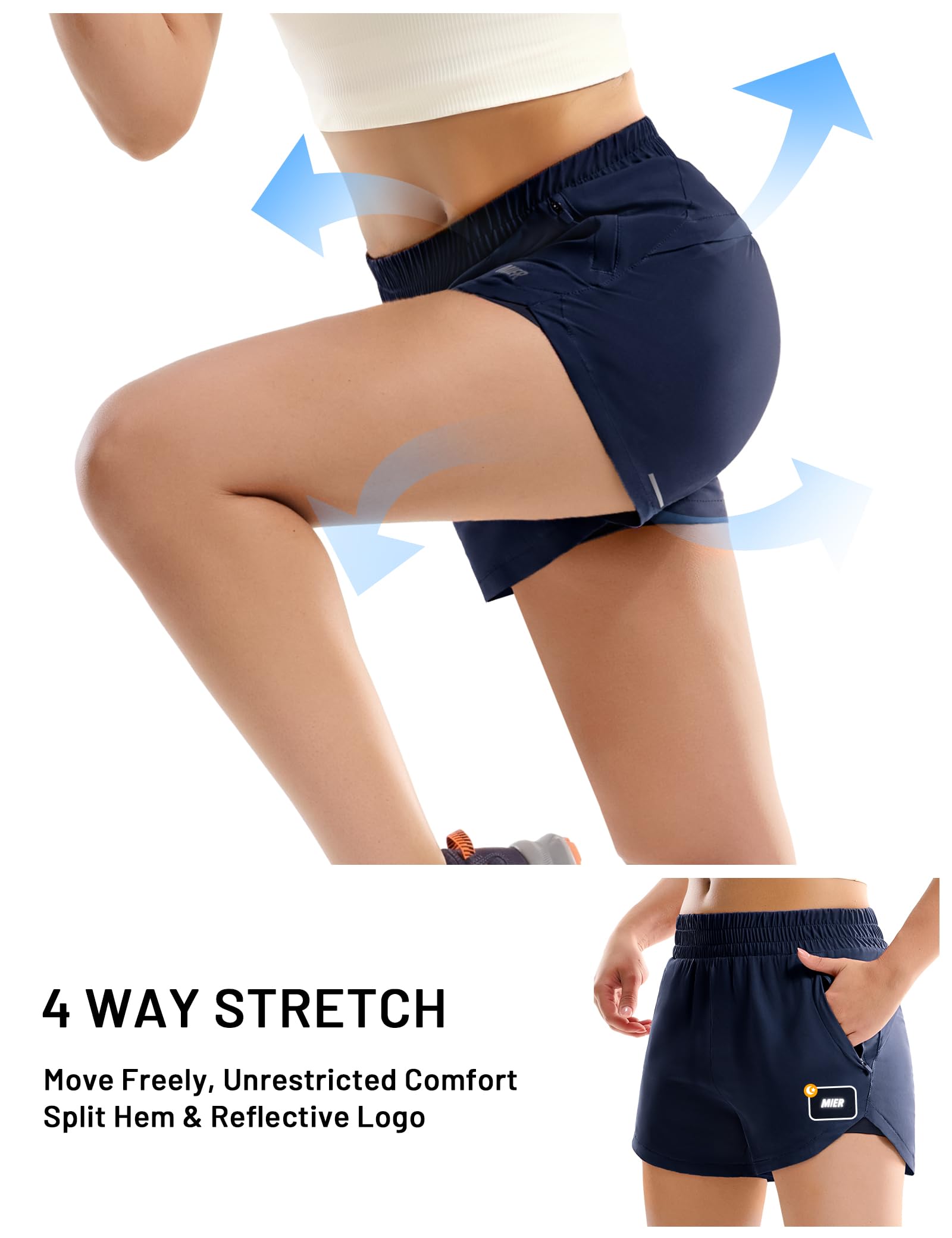 MIER Damen-Laufshorts mit Netzfutter, 7,6 cm, mittlere Taille, 2-in-1, schnelltrocknend, Workout, Fitnessstudio, Sport-Shorts mit Reißverschlusstaschen