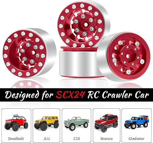 Miniatura 6 de OGRC - Ruedas 1.0, llantas profundas, compensación negativa de 0.276 in, ruedas para SCX24 C10 JLU Deadbolt Gladiator Bronco 124 Crawler Car (rojo)
