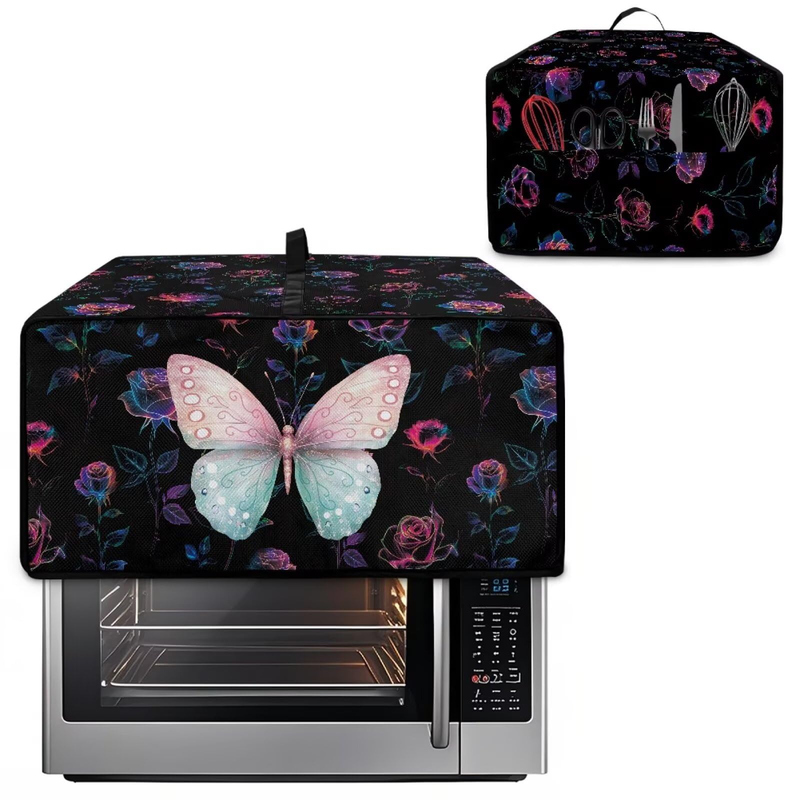 Fipuivrn Butterfly Rose Print Toaster Oven Cover, Washable Toaster Oven Protection Heavy-Duty Kitchen Appliance Covers with Storage Pockets, 18.5
