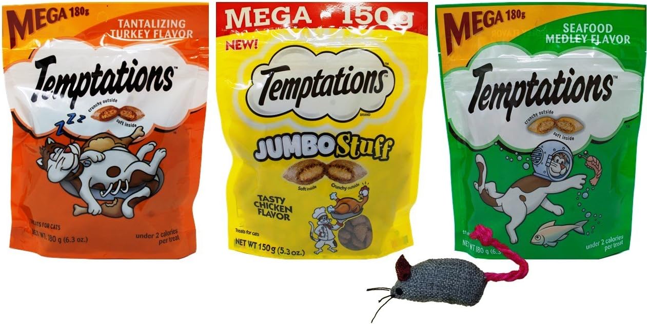 Temptations Mega Size Low Calorie Cat Treats 3 Flavor Variety with Toy Bundle, 1 Each: Tantalizing Turkey, Tasty Chicken Jumbo Stuff,…
