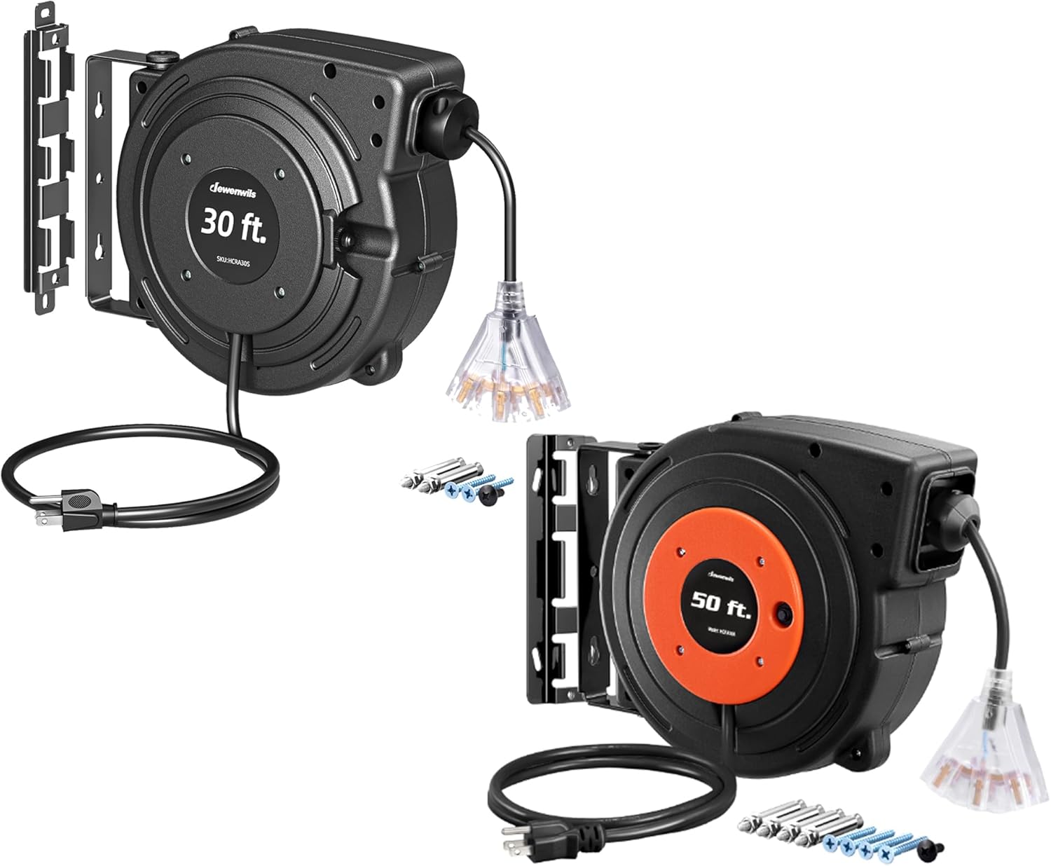 DEWENWILS 50FT Retractable Extension Cord Reel Bundle with DEWENWILS 30FT Retractable Extension Cord Reel