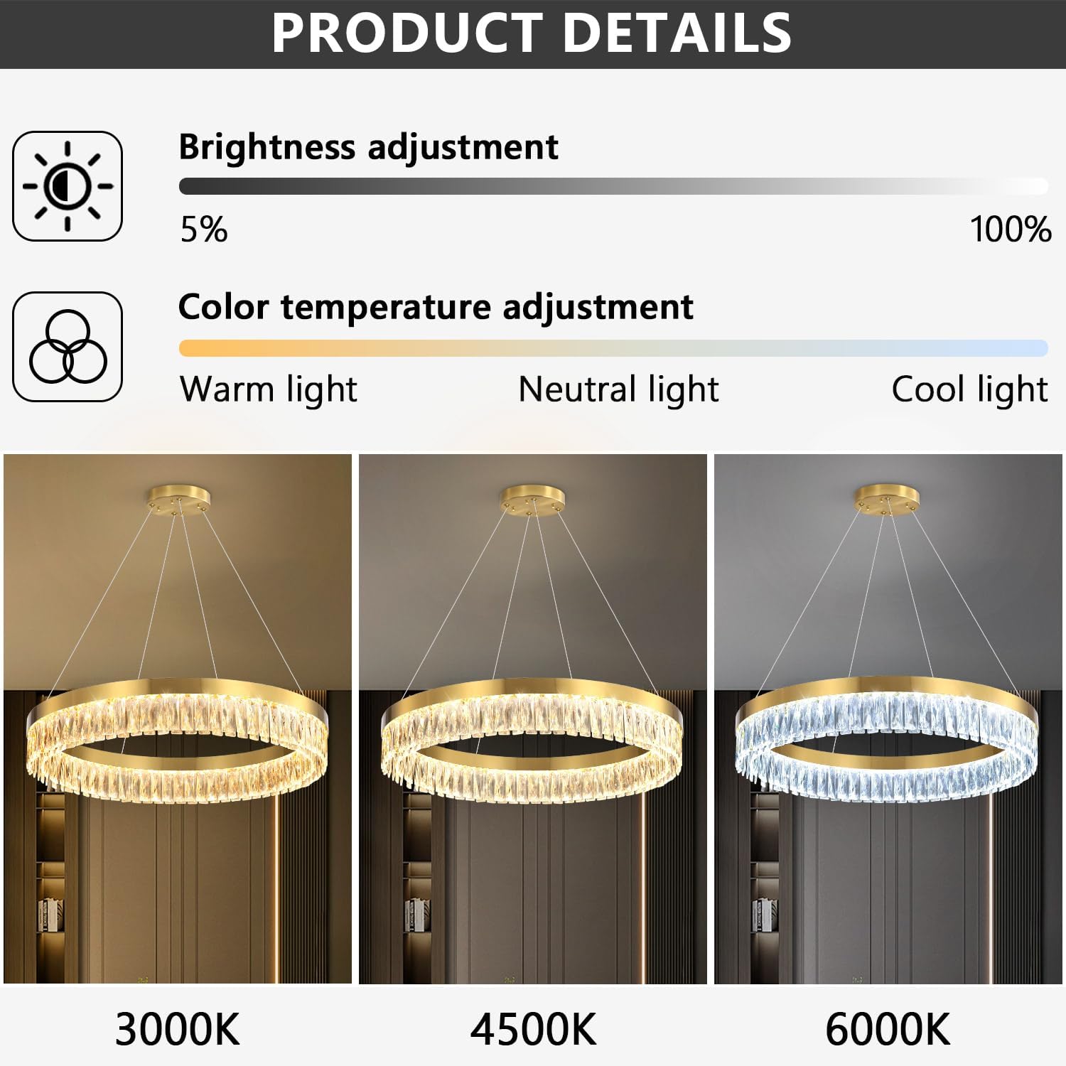 31.5" 1 Ring Modern LED Dimmable Ring Chandelier Adjustable Round Crystal Chandelier for Dining Room Living Room Gold