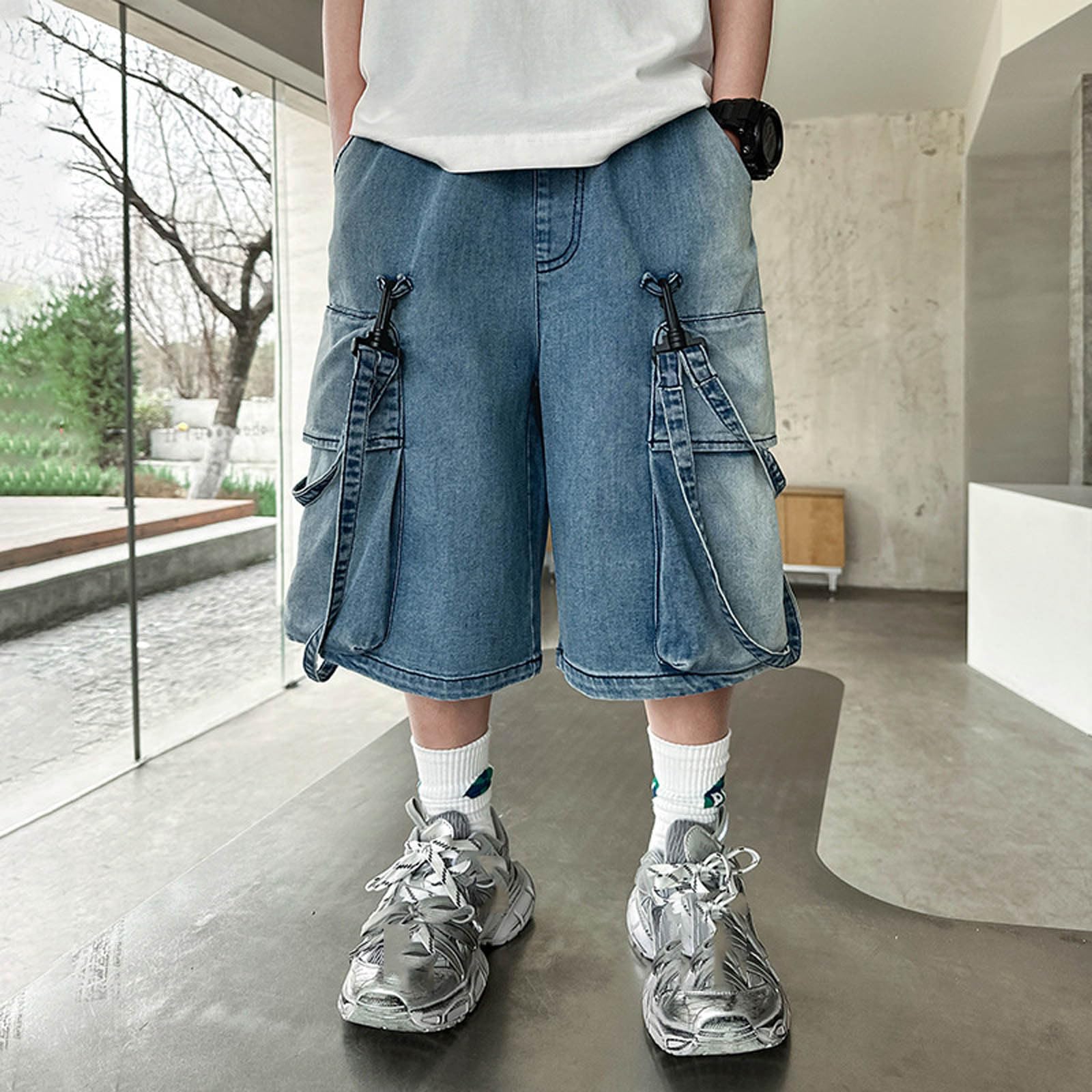 Bambini, Pantaloncini in Denim Effetto Consumato per Ragazzi con Finiture in Fettuccia Sfumata, Abbigliamento Estivo Casual E alla Moda per E Adolescenti, Stile Casual Chic