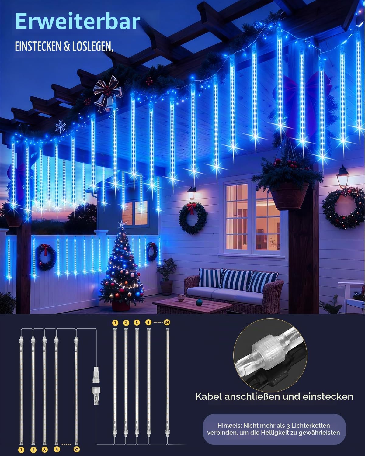 PEMOTech Weihnachtsbeleuchtung Außen,24 Röhren 30 CM 576 LEDs eiszapfen lichterkette außen，Wasserdichte Fallende Regen Lichter für Weihnachten Halloween Weihnachtsbaum, Weihnachtsdeko Aussen, Blau