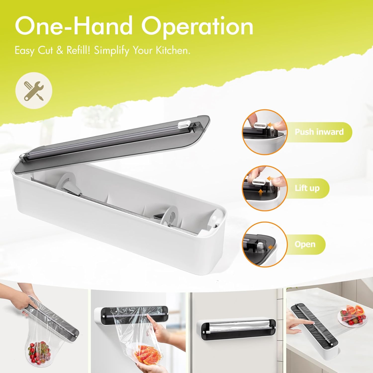 Aluminum Foil & Plastic Wrap Dispenser with Cutter - Magnetic & No-Drill Wall Mount, Cling Film Dispenser for Countertops & Cabinets, Space-Saving Kitchen Organizer - Fits 300 m Rolls, Black