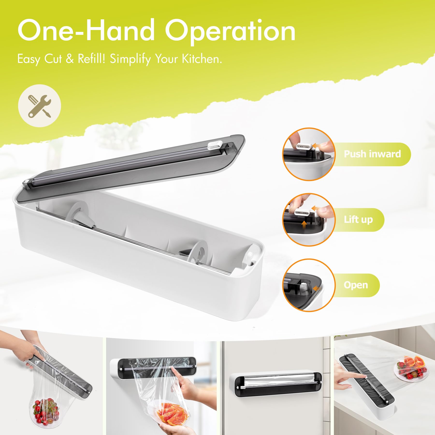 Frischhaltefolienspender mit Cutter - Magnetische & Klebebefestigung ohne Bohren, Folienschneider für Frischhaltefolie & Alufolie, Folienspender Schublade - Küchenorganizer bis 300m, Schwarz