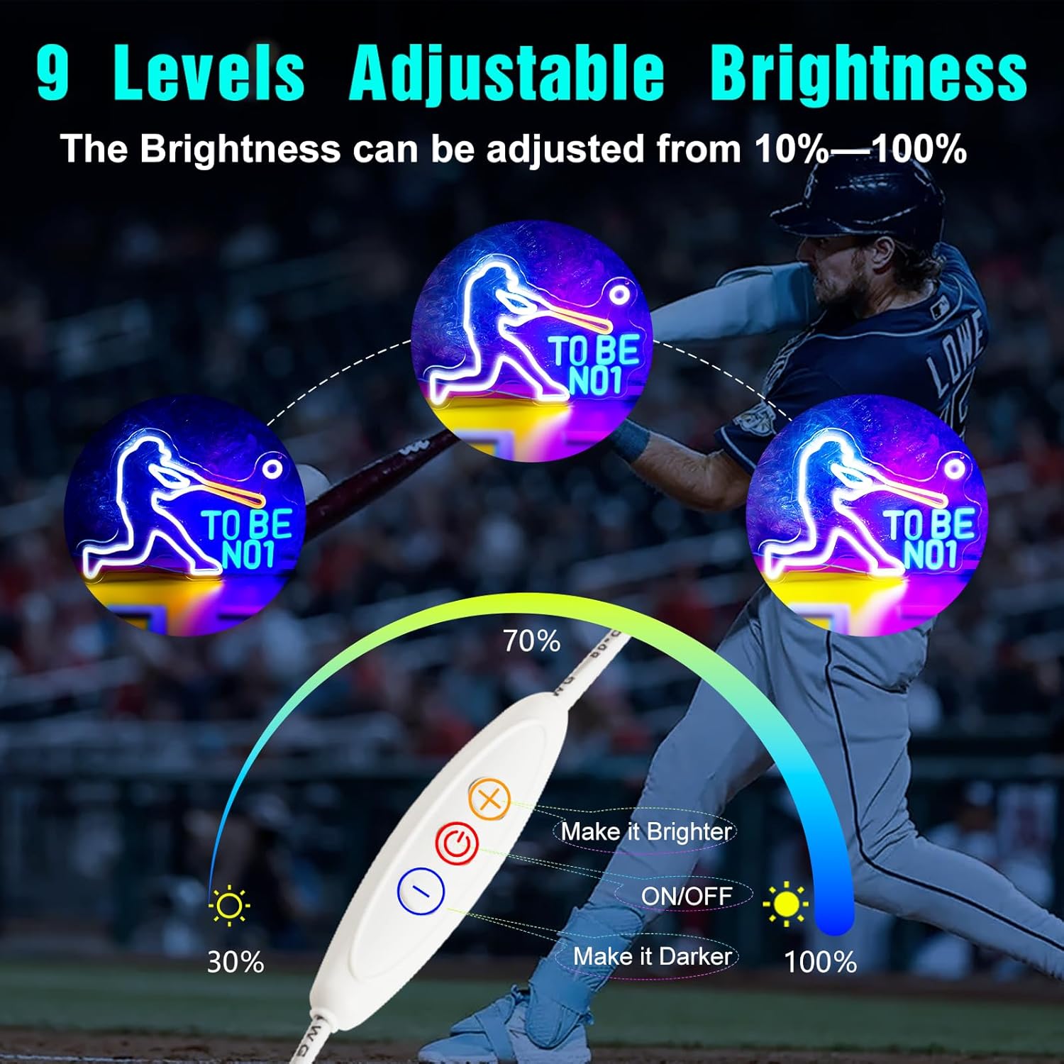 KHK Baseball Neon Led Sign for Bedroom Dimmable Baseball Neon Sign Sport Neon Signs USB Powered for BOY Bedroom,Club Bar,Man Cave,Birthday Party Home College Decor Holiday Gift. - Image 3