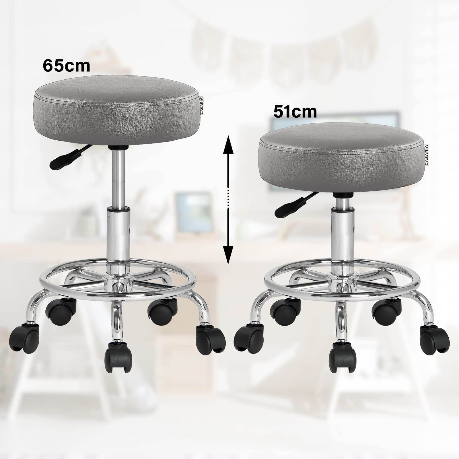 Casaria Tabouret à roulettes réglable en Hauteur 51-65 cm Rembourrage 10 cm pivotable 360° Repose-Pieds Tabouret de Bureau Gris