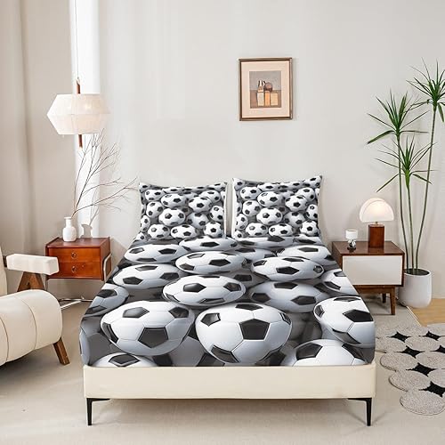 Miniatura 4 de Erosebridal Juego de ropa de cama de fútbol, tamaño individual, para niños, juegos de pelota, deportivos, color negro y blanco, para niños y
