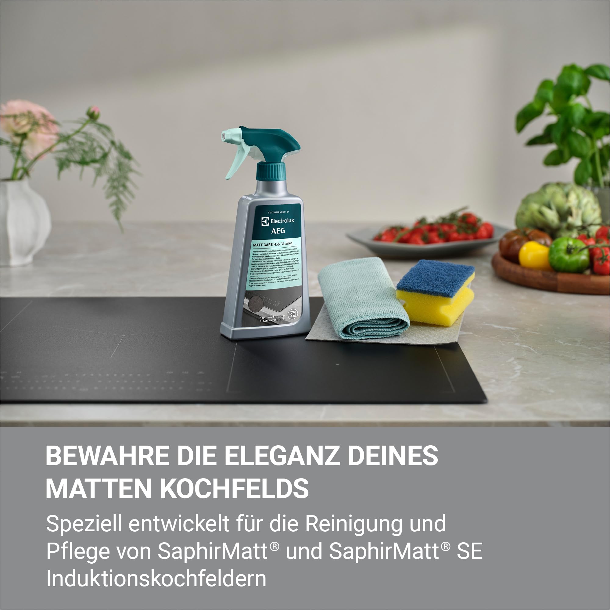 AEG MattCare Kochfeldreiniger 500 ml, Tiefenreinigung & Pflege für SaphirMatt®/SaphirMatt® SE Glaskeramik-Induktionskochfelder, entfernt Fett & Eingebranntes, M2HCMC01