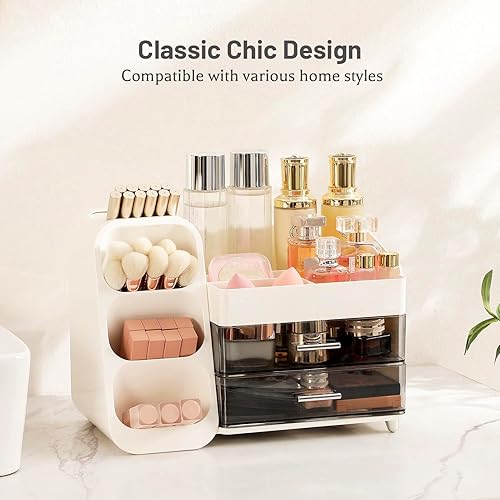 Miniatura 6 de Aveniee Organizador de maquillaje con cajones para tocador, gran vitrina de cosméticos con soporte para brochas de maquillaje, organizadores de baño